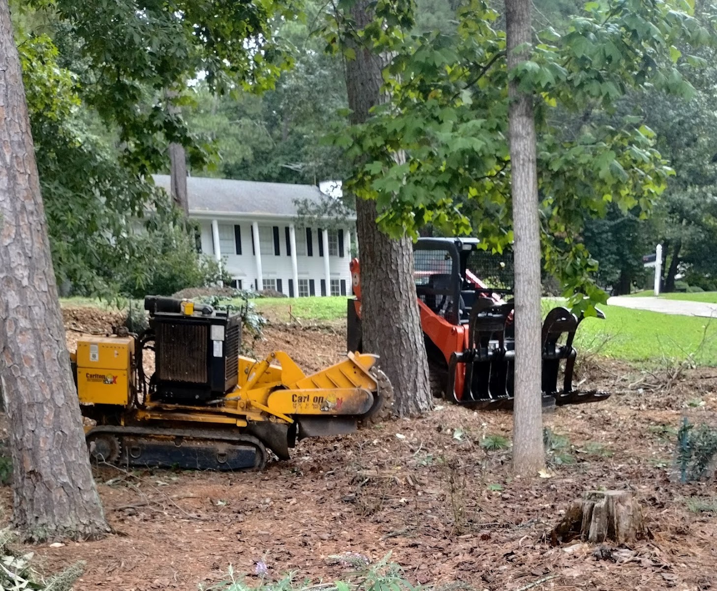 Reyes stump grinder and skid-steer working at a large Atlanta home